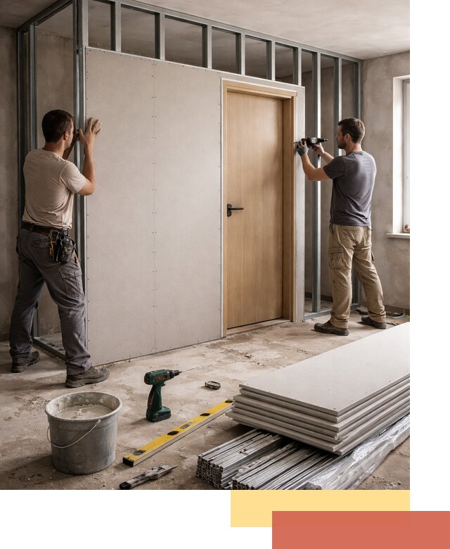 Перегородка из гипсокартона с дверью под ключ в Сарове