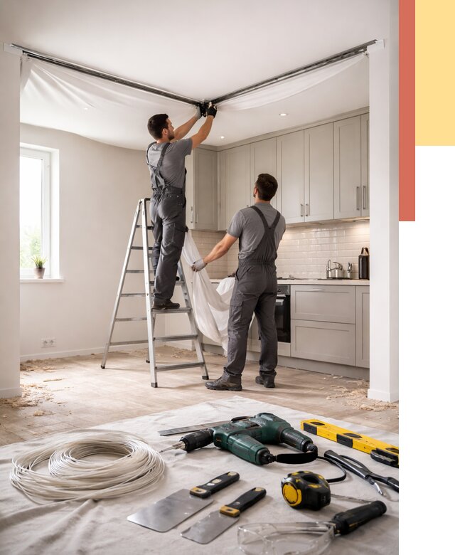 Установка натяжного потолка на кухне в Сарове от 2500 руб. | ОТДЕЛОЧНИК-Сро