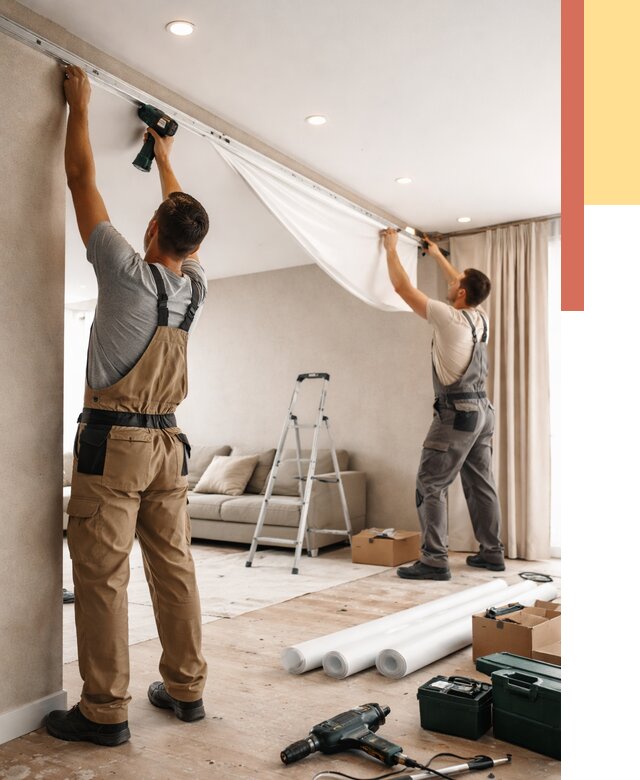 Монтаж натяжного потолка в гостиной в Сарове от 573 руб. | ОТДЕЛОЧНИК-Сро