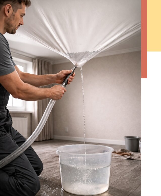 Слив воды с натяжного потолка в Сарове от 2604 руб. быстро и недорого | ОТДЕЛОЧНИК-Сро